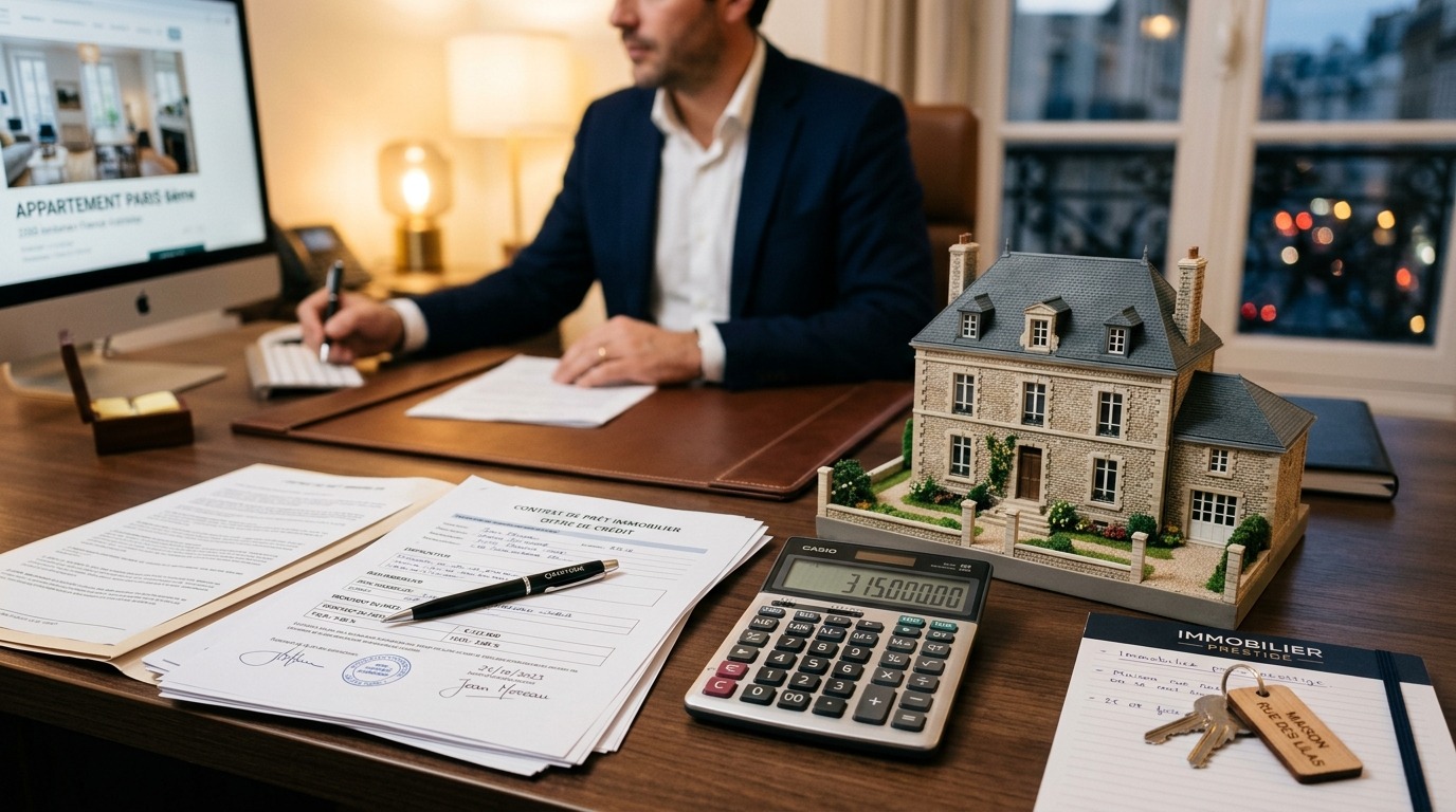 Taux de crédit immobilier 2026 : une hausse limitée à 3,3% ? 1 Bureau d'agent immobilier avec maquette de maison, documents de prêt et calculatrice