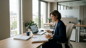 Salarié consultant son Plan d'Épargne Entreprise sur ordinateur portable au bureau
