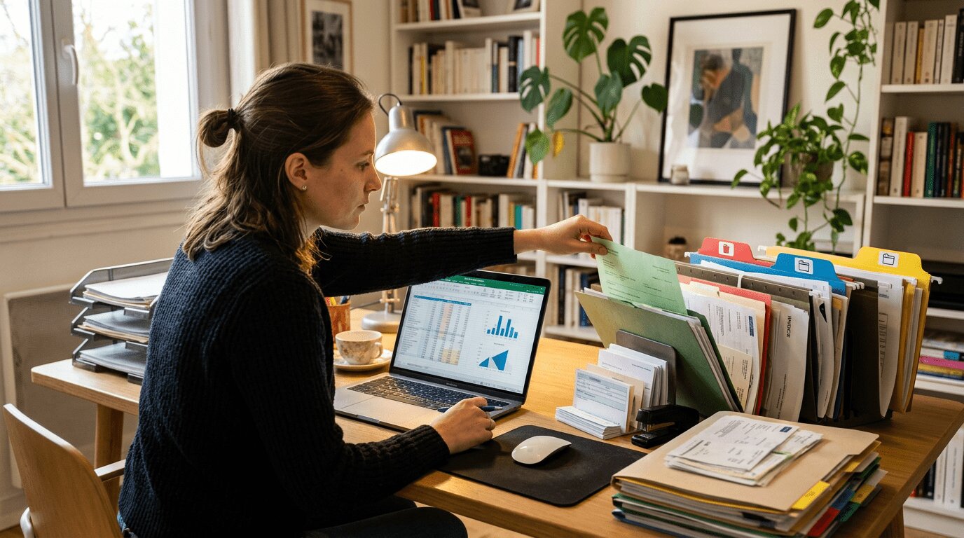 Crédit auto pour auto-entrepreneur : comment financer votre voiture en 2026 ? 2 Auto-entrepreneur préparant les documents requis pour obtenir un crédit auto