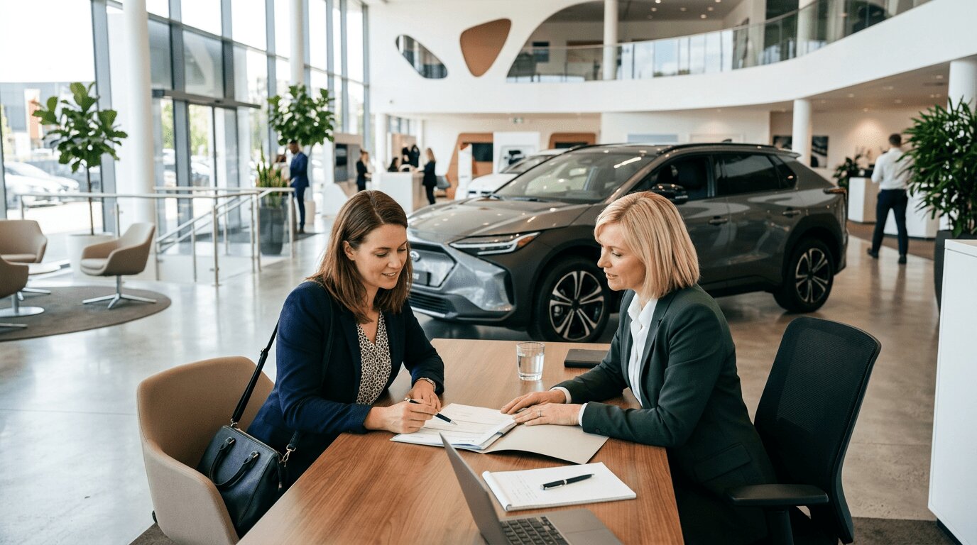 Auto-entrepreneur consultant un conseiller financier pour un crédit auto en concession