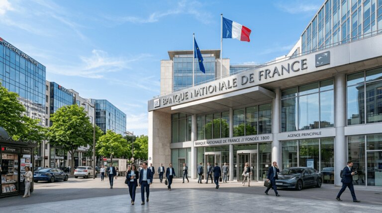 Façade de banque française dans un quartier d'affaires pour le crédit immobilier 2026 Façade de banque française dans un quartier d'affaires pour le crédit immobilier 2026