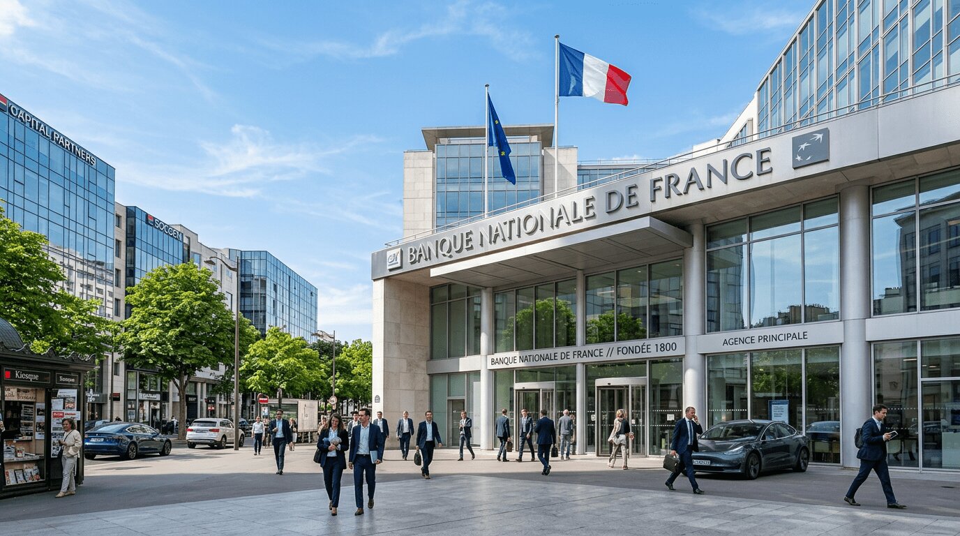 Façade de banque française dans un quartier d'affaires pour le crédit immobilier 2026