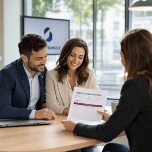 Couple consultant un conseiller bancaire pour un crédit à la consommation en France