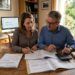 couple examinant des contrats d'assurance vie et fonds euros sur un bureau en bois