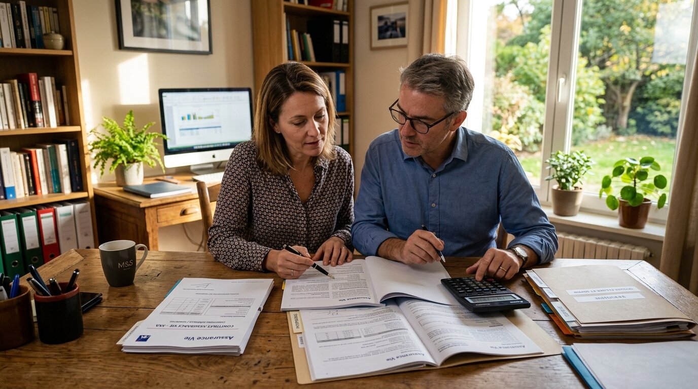 fonds euros 2026 assurance vie contrat couple bureau couple examinant des contrats d'assurance vie et fonds euros sur un bureau en bois
