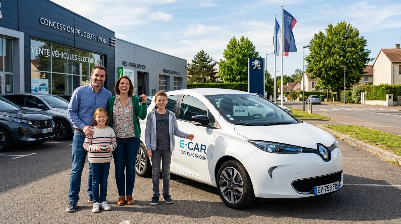 Famille française devant une voiture électrique neuve dans un concessionnaire