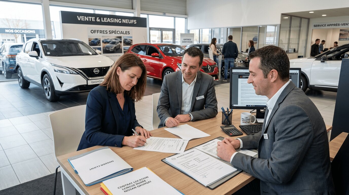 Leasing social 2026 : conditions, modèles éligibles et démarches avant le 16 juillet 4 Client signant un contrat de leasing social avec un conseiller dans un concessionnaire