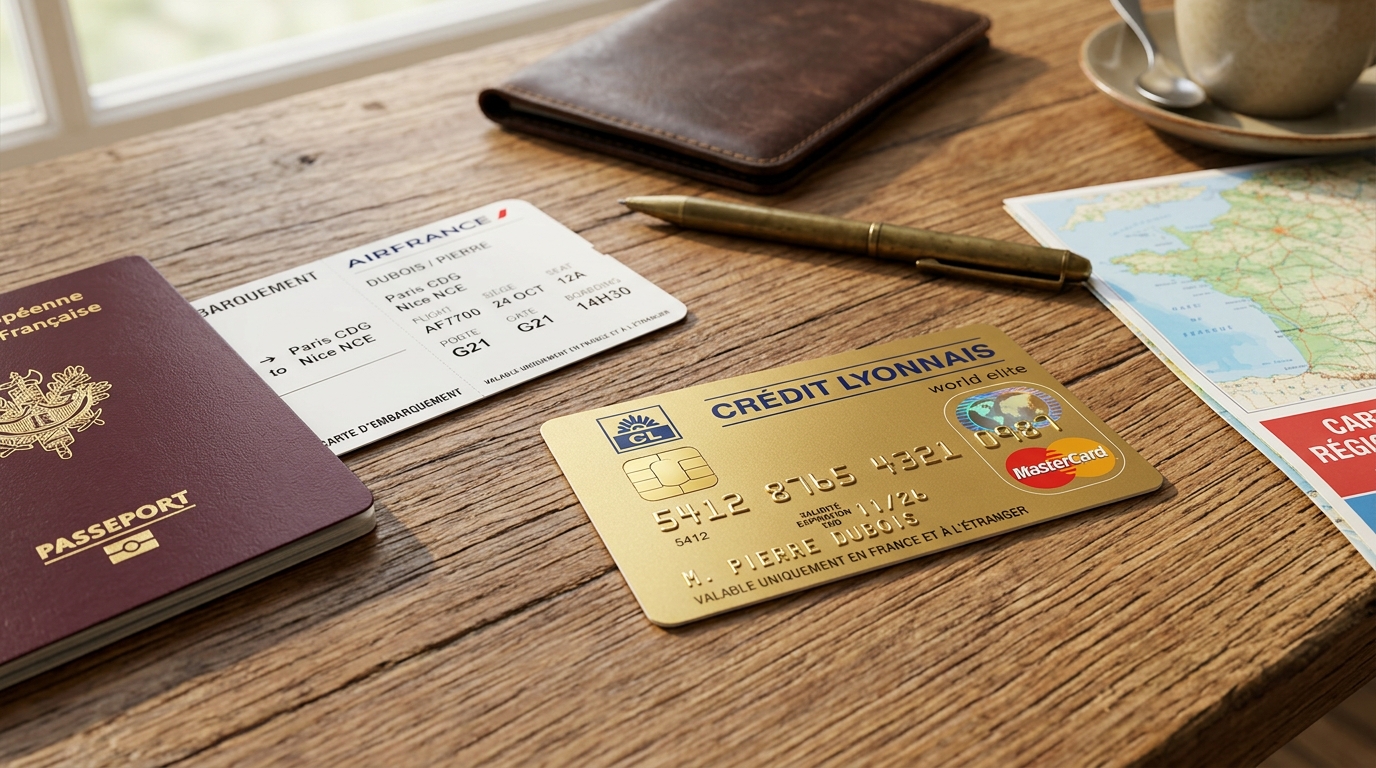 Carte ZERO Advanzia arrêtée en France : les meilleures alternatives en 2026 1 Carte bancaire gold Mastercard posée sur un bureau avec passeport et carte d'embarquement
