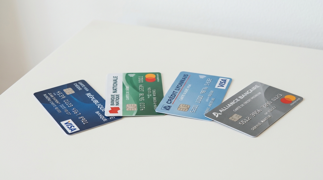Carte ZERO Advanzia arrêtée en France : les meilleures alternatives en 2026 3 Quatre cartes bancaires alternatives disposées en éventail sur fond blanc