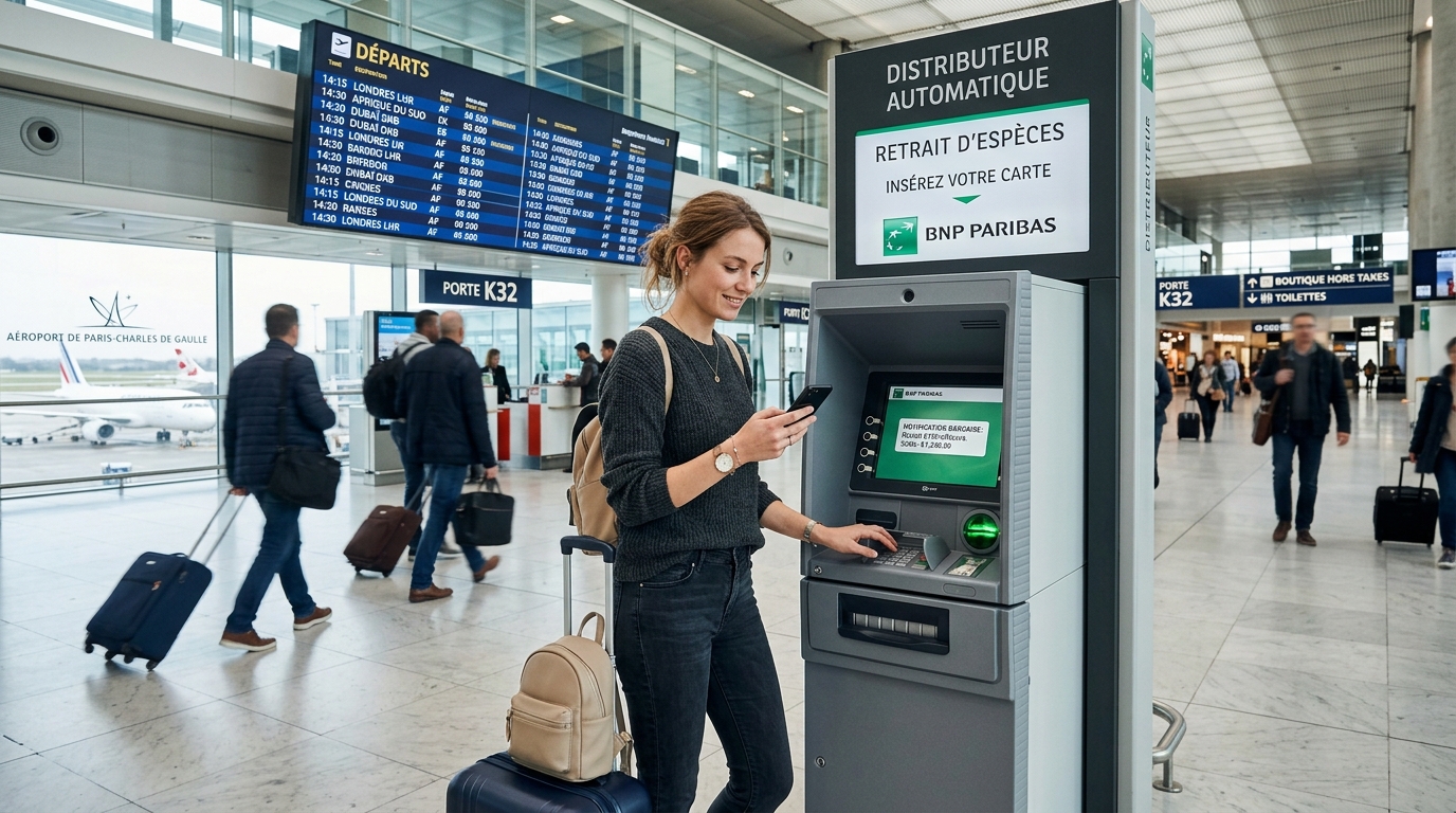 Carte ZERO Advanzia arrêtée en France : les meilleures alternatives en 2026 4 Voyageur retirant de l'argent à un distributeur automatique à l'étranger avec application bancaire