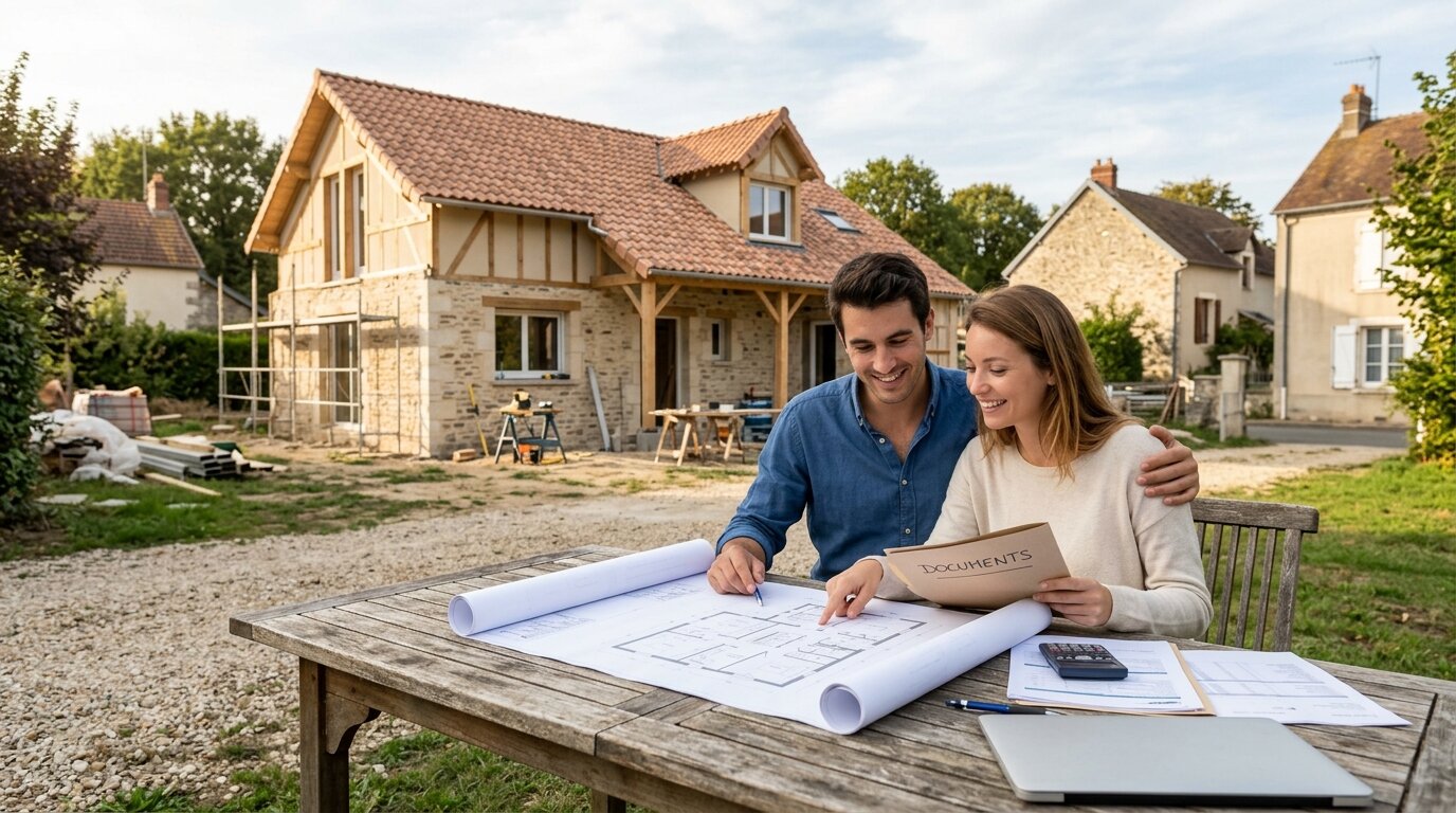 couple examinant des documents de financement devant une maison neuve en construction