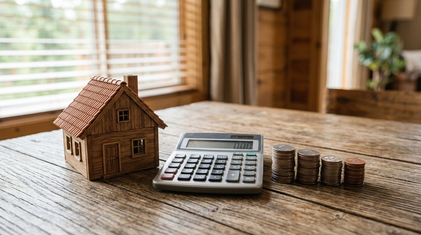PTZ 2026 : zones, plafonds de ressources et simulation du prêt à taux zéro 3 maquette de maison avec calculatrice et pièces symbolisant le calcul du financement
