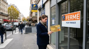 Personne tenant une carte bancaire gold face à une agence bancaire fermée en France