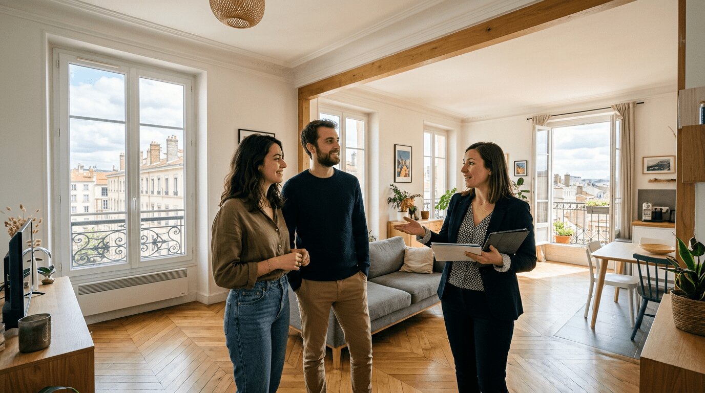 Crédit immobilier 2026 : la reprise est là, mais la fenêtre se referme 3 Jeune couple primo-accédant visitant un appartement à Lyon avec un agent immobilier