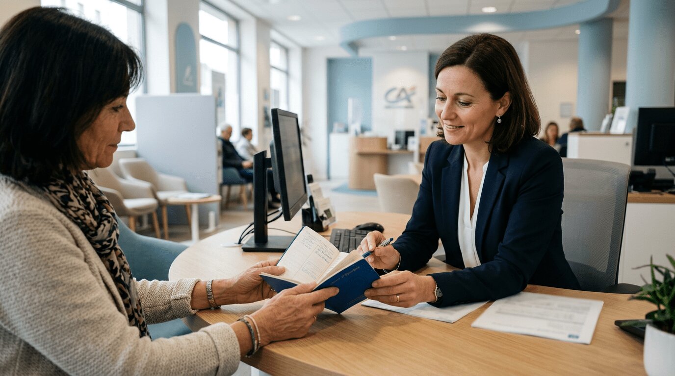 LEP livret épargne populaire taux 2026 conseiller bancaire Conseiller bancaire présentant un livret d'épargne populaire à un client dans une agence