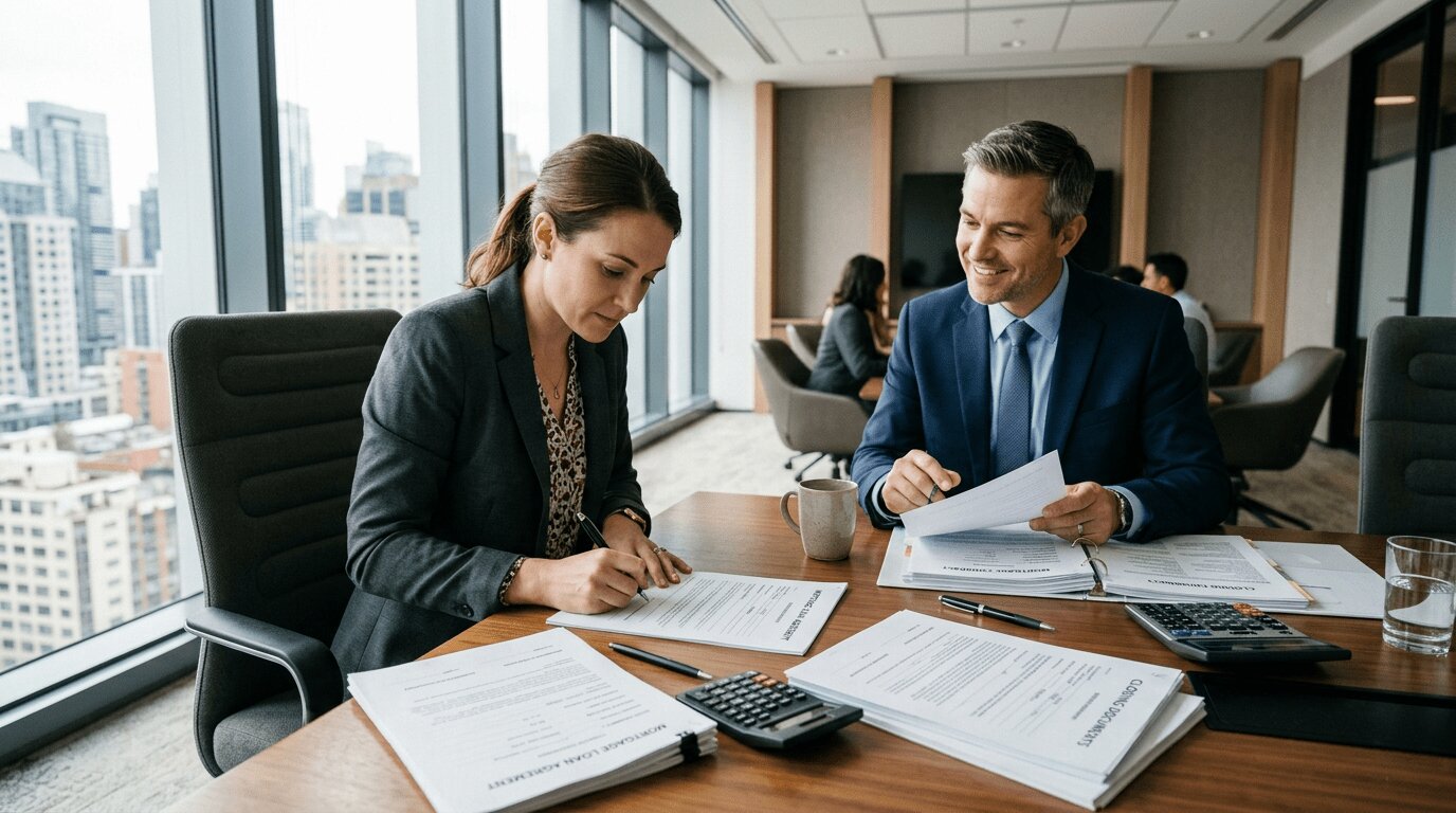Taux immobilier juin 2026 : ce que la stabilisation cache vraiment 4 Emprunteur signant un contrat de prêt immobilier avec un conseiller bancaire en 2026