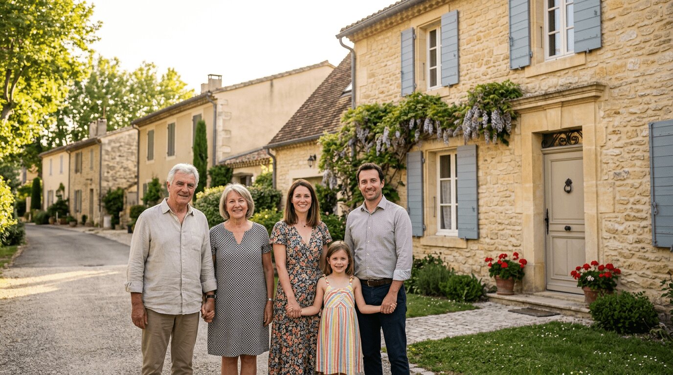 Bail réel solidaire : quel prêt et quelle banque choisir en 2026 ? 4 Trois générations d'une famille réunies devant une maison