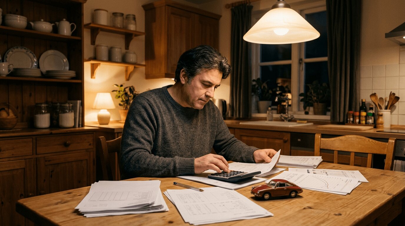 Crédit auto hybride 2026 : taux, durée et pièges à éviter 2 Personne consultant des documents financiers et une calculatrice à la maison