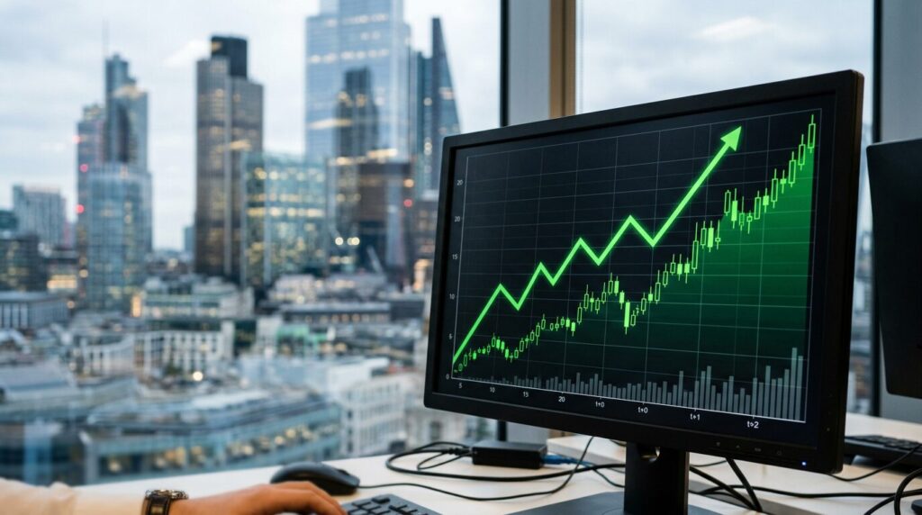 Action bancaire en forte hausse en Bourse Graphique boursier en forte hausse sur écran de trading, tours bancaires en arrière-plan