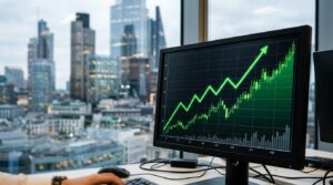 Graphique boursier en forte hausse sur écran de trading, tours bancaires en arrière-plan