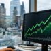 Graphique boursier en forte hausse sur écran de trading, tours bancaires en arrière-plan