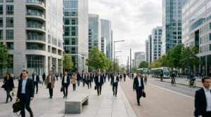 Rue d'affaires animée illustrant l'activité économique du secteur privé en France
