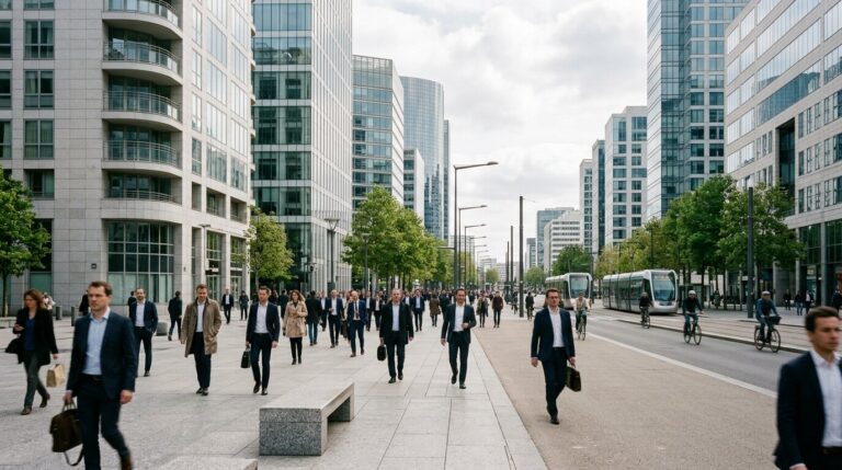 Activité économique secteur privé France Rue d'affaires animée illustrant l'activité économique du secteur privé en France