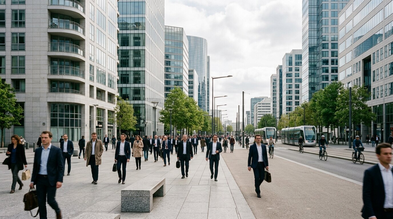 Activité économique secteur privé France Rue d'affaires animée illustrant l'activité économique du secteur privé en France