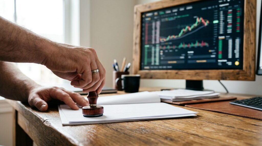 Agrément MiCA plateforme crypto Document officiel tamponné avec graphique crypto en arrière-plan