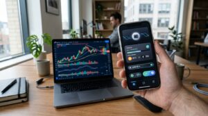 Smartphone affichant une application de paiement crypto pres d un ordinateur