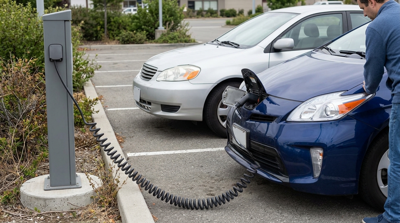 Crédit auto hybride 2026 : taux, durée et pièges à éviter 1 Câble de recharge branché sur une voiture hybride garée en extérieur