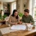 Couple souriant consultant des plans de maison et une maquette
