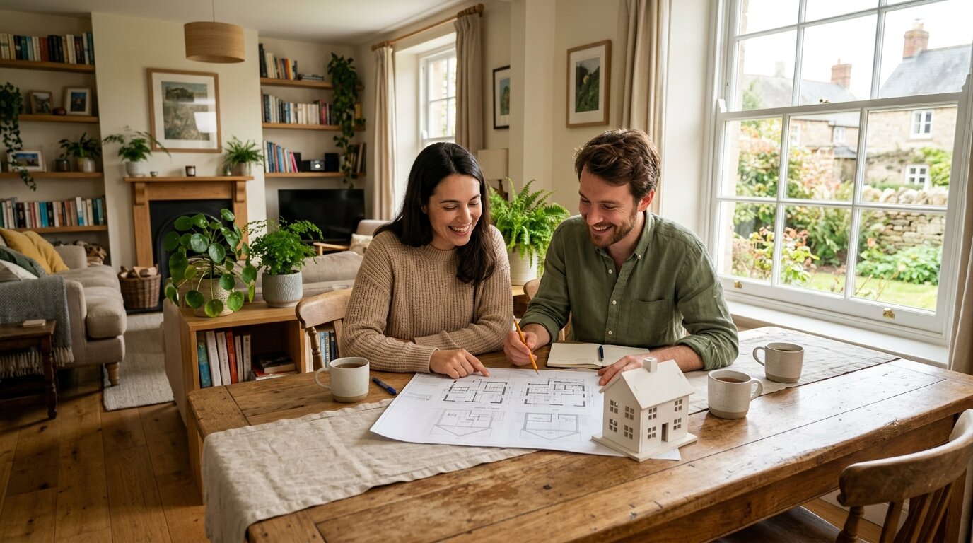 Couple souriant consultant des plans de maison et une maquette