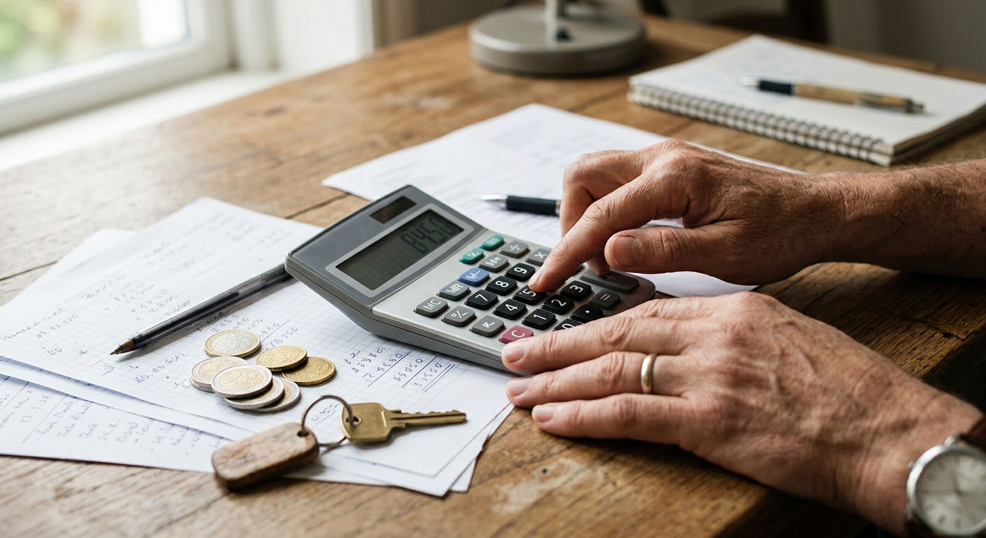 Bail réel solidaire : quel prêt et quelle banque choisir en 2026 ? 3 Mains calculant un budget près d'une clé de maison et de pièces