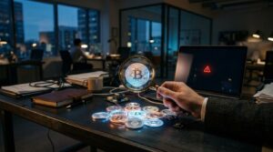 Loupe examinant des pièces de cryptomonnaie avec une alerte sur écran