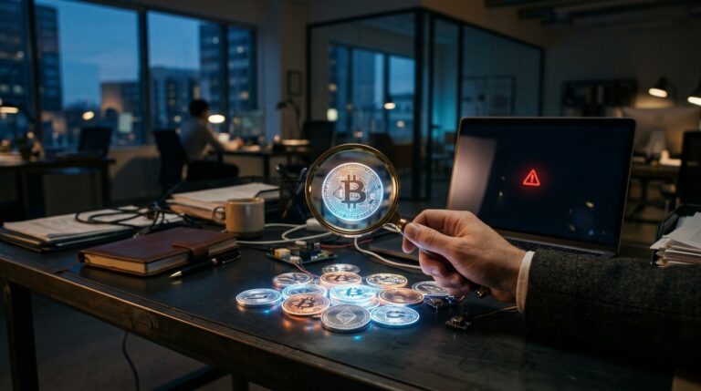 Alerte plateformes crypto non autorisées Loupe examinant des pièces de cryptomonnaie avec une alerte sur écran