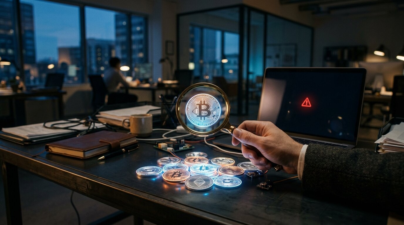 Alerte plateformes crypto non autorisées Loupe examinant des pièces de cryptomonnaie avec une alerte sur écran