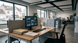Bureau avec ecran affichant des donnees de tri automatise de dossiers