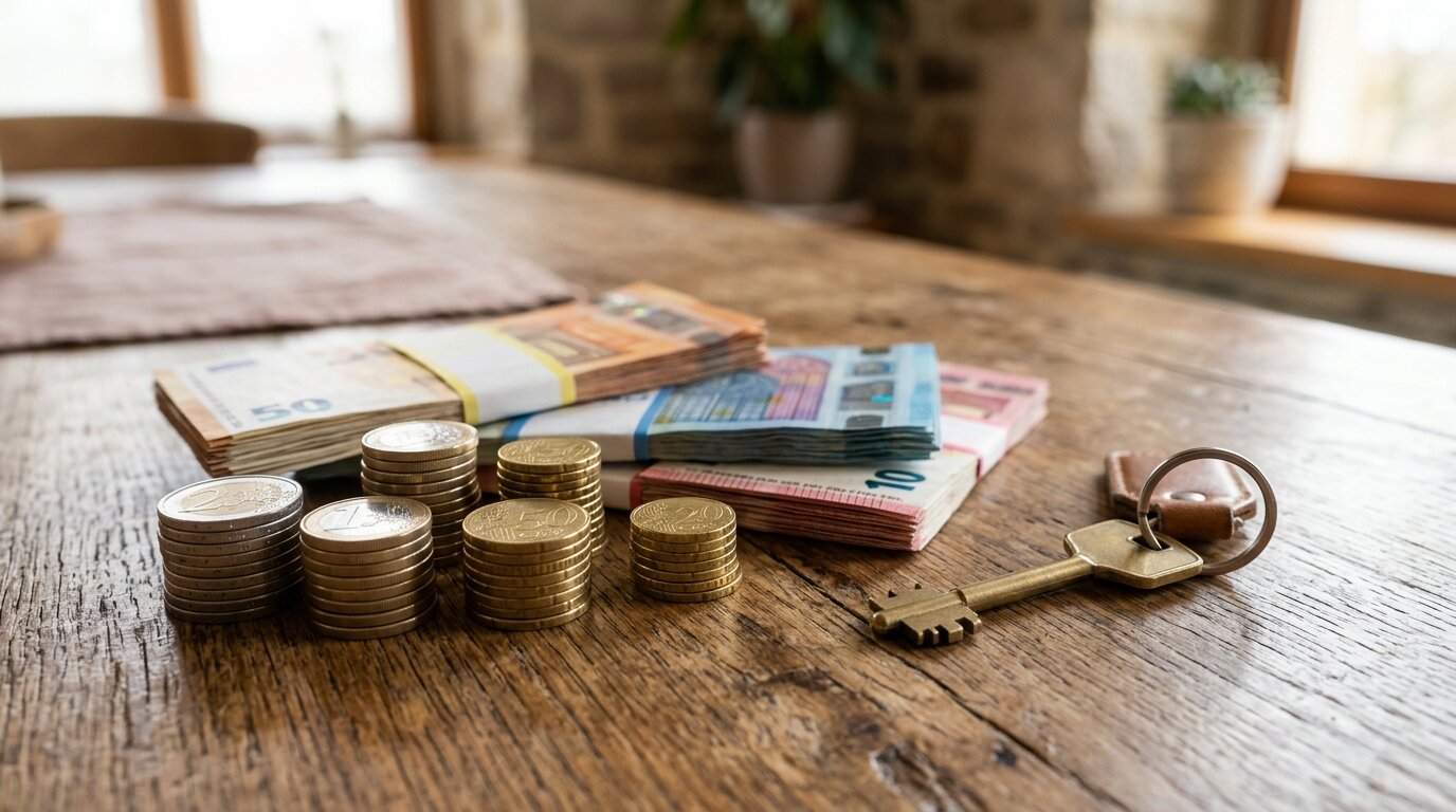 Prêt immobilier : les nouvelles conditions pour l'obtenir en 2026 2 Pièces et billets en euros à côté d'une clé de maison sur une table