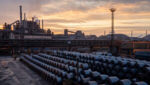 Site sidérurgique européen avec bobines d'acier au lever du jour