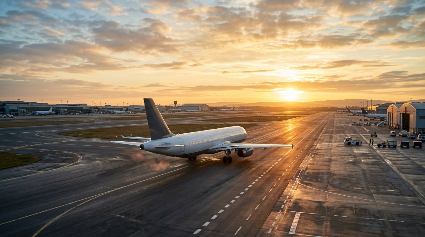 CAC 40 : Airbus dope l'indice avant la décision de la BCE sur les taux directeurs 1 Avion commercial sur un tarmac au lever du soleil symbolisant l'aéronautique