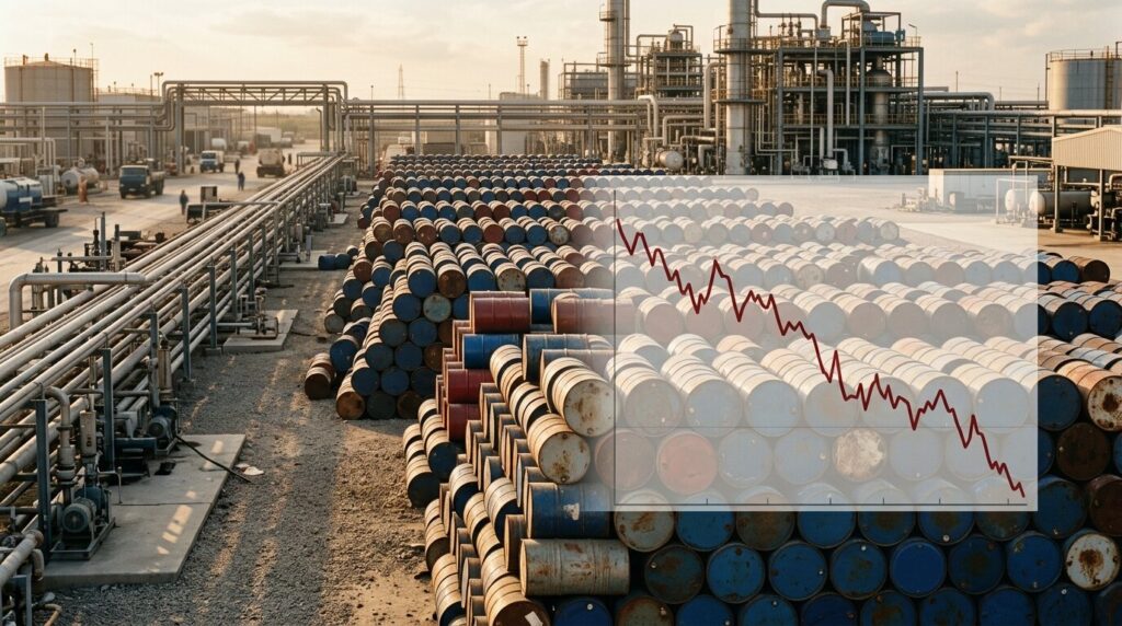 Baisse du prix du pétrole et inflation Barils de pétrole illustrant la baisse des cours qui atténue l'inflation