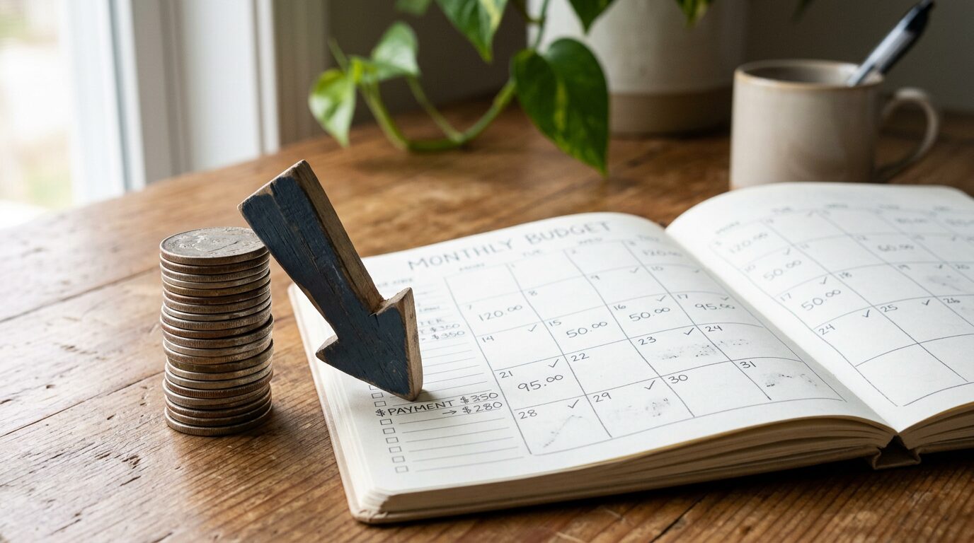 Pièces et calendrier budgétaire illustrant la baisse de mensualité d'un crédit