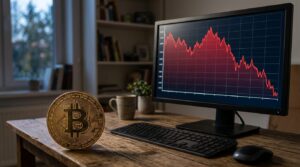 Bitcoin physique devant un graphique boursier en forte baisse sur écran