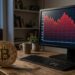 Bitcoin physique devant un graphique boursier en forte baisse sur écran