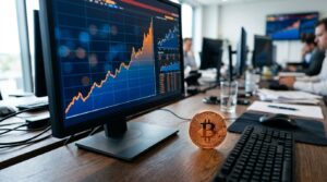 Pièce de bitcoin posée devant un graphique de taux d'intérêt en hausse
