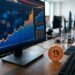 Pièce de bitcoin posée devant un graphique de taux d'intérêt en hausse