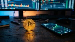 Pièce de bitcoin dorée devant un graphique boursier en hausse