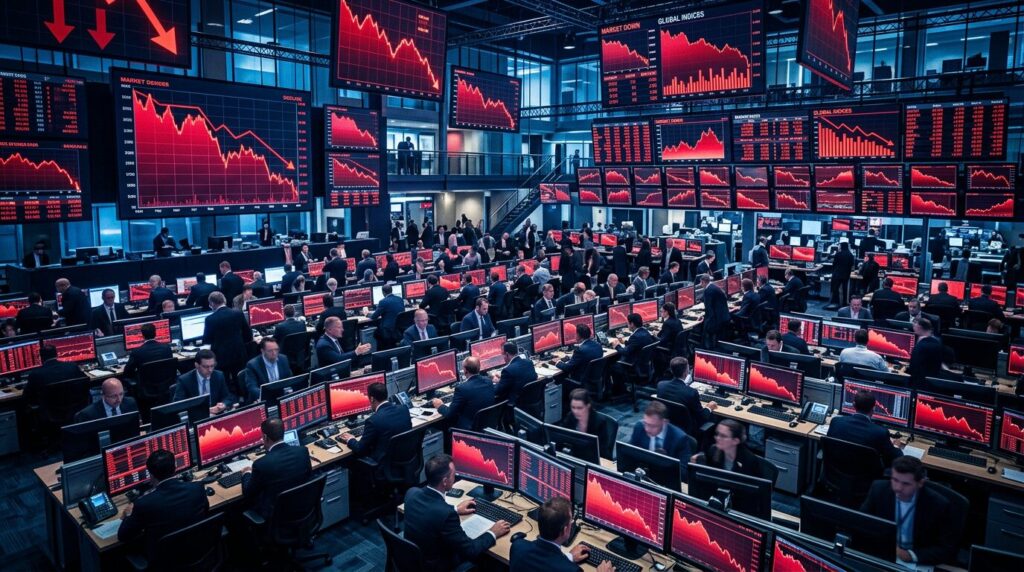Bourse en baisse semi-conducteurs Écrans de trading affichant des graphiques boursiers en baisse