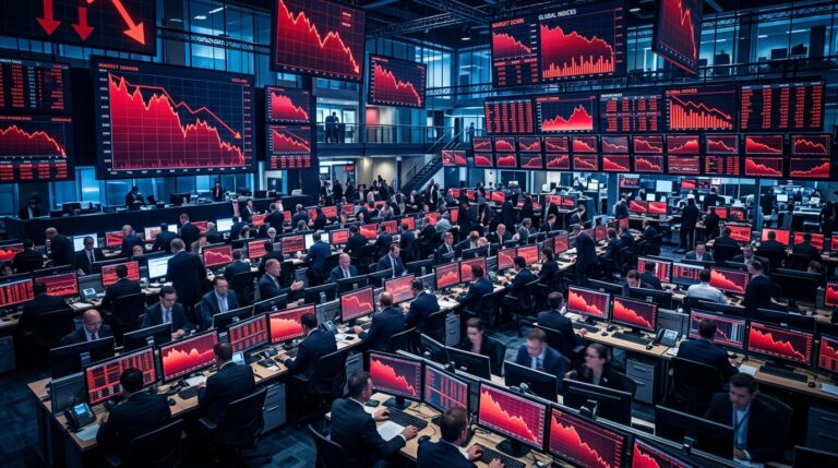Bourse en baisse semi-conducteurs Écrans de trading affichant des graphiques boursiers en baisse